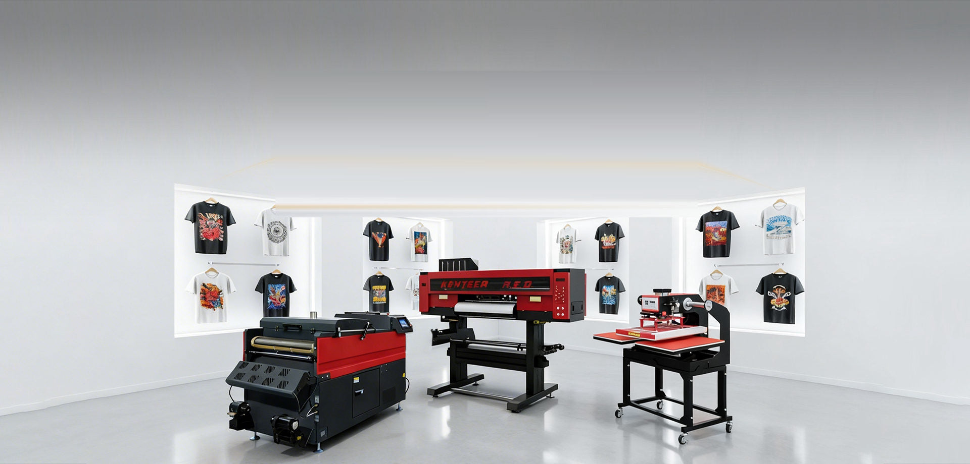 DTF printer, powder shaker and heat press in a printing showroom